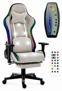 Scaun Gaming cu Masaj 7 Puncte și Încălzire, RGB, Iluminare LED Multicolor, Telecomenzi, Cotiere 3D, Reclinare 180°, Suport Picioare, Catifea, Gri