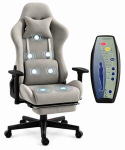 Scaun Gaming cu Masaj 7 Puncte și Încălzire, Telecomanda, Cotiere 3D, Reclinare 180°, Suport Picioare, Catifea, Gri