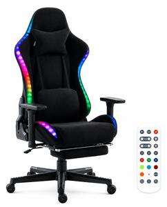 Scaun Gaming cu RGB, Iluminare LED Multicolor, Telecomanda, Cotiere 3D, Reclinare 180°, Suport Picioare, Catifea, Negru
