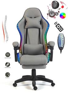 RESIGILAT- ALFORD Scaun gaming cu Masaj in 5 puncte, Perna lombara cu Masaj, Sistem iluminare banda LED RGB, Boxe Bluetooth, suport picioare, textil, Gri