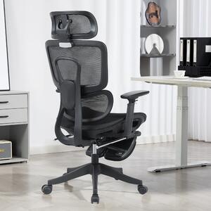 Scaun Ergonomic Premium Mesh cu Suport pentru Picioare, Reclinare 145°, Tetieră Reglabilă, Cotiere 3D, Suport Lombar Elastic și Șezut cu adâncime reglabilă, Negru