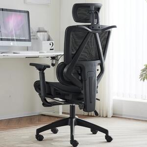 Scaun ergonomic, suport lombar dinamic, tetieră 3D, cotiere 3D, umeras, suport picioare, Mesh, Negru