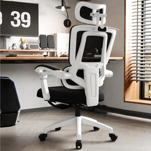 Scaun ergonomic cu suport lombar, tetieră reglabilă 3D, suport pentru picioare, Mesh, Alb/Negru