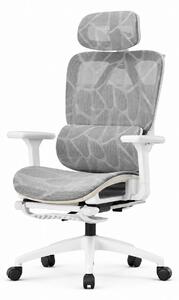 Scaun ergonomic, suport lombar dinamic, tetieră 3D, cotiere 3D, umeras, suport picioare, pivotant, Mesh, Alb/Gri