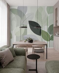 Tapet un model abstract cu frunze, realizat într-un stil de țesătură mată, în nuanțe de verde, Imagini de fundal unice, w05986v1 : Uwalls.ro