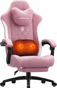 DOWINX Scaun gaming, ergonomic, Incalzire si Masaj cu Role in perna lombara, Șezut cu Arcuri Metalice și Spumă, rabatabil 90°-135°, Suport picioare, rezistent 150 kg, material textil, Roz