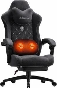 DOWINX Scaun gaming, ergonomic, Incalzire si Masaj cu Role in perna lombara, Șezut cu Arcuri Metalice și Spumă, rabatabil 90°-135°, Suport picioare, rezistent 150 kg, material textil, Negru