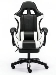 Scaun gaming, Masaj în perna lombară, Rabatabil 90-145°, Suport picioare, piele PU, Negru/Alb