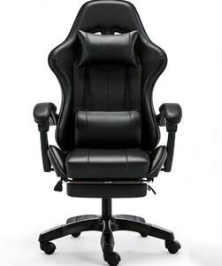 Scaun gaming, Masaj în perna lombară, Rabatabil 90-145°, Suport picioare, piele PU, Negru