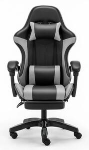 Scaun gaming, Masaj în perna lombară, Rabatabil 90-145°, Suport picioare, piele PU, Negru/Gri