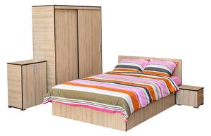 Set dormitor CORINNE, 5 piese, pat 160x200 cm, dulap usi glisante, 2 noptiere, comoda, sonoma deschis, cant sonoma inchis