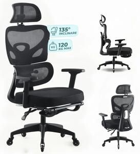 Scaun ergonomic, cotiere 3D, suport lombar adaptiv, spătar reglabil pe inaltime, tetiera 3D, suport pentru picioare, pivotant, Mesh, Negru