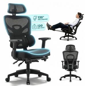 Scaun ergonomic, Suport Lombar 3 Zone Dinamice, Spătar ajustabil pe inaltime, cotiere 3D, tetiera 3D, suport pentru picioare, umeras, pivotant, Mesh, Negru