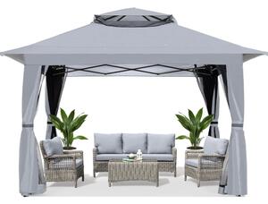 ABCCANOPY Foișor de gradina 3.96x3.96 m - Foișor exterior cu cadru din oțel și plasă de țânțari, înălțime reglabilă 3 trepte, pentru gazon, curte, grădină, terasă, Gri