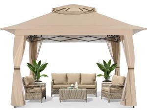 ABCCANOPY Foișor de gradina 3.96x3.96 m - Foișor exterior cu cadru din oțel și plasă de țânțari, înălțime reglabilă 3 trepte, pentru gazon, curte, grădină, terasă, Kaki