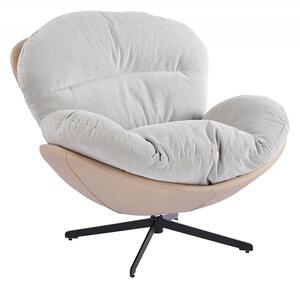 Fotoliu Lounge Rotativ 360° cu Pernă Extra Confort, Tapiterie Linen + PU, Bază Metalică Neagră, Design Modern, Alb