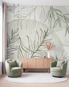 Tapet Desene minimaliste în stil line art reprezentând frunze și vegetație tropicală, forme circulare, Imagini de fundal unice, w10111v2 : Uwalls.ro