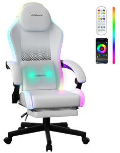 DOWINX 66LED03 - Scaun Gaming Ergonomic cu LED-uri RGB, Masaj in perna lombara, Șezut cu Arcuri Metalice și Spumă, Suport pentru picioare, Rabatabil 90°–135°, Rezistent 136 kg, Alb