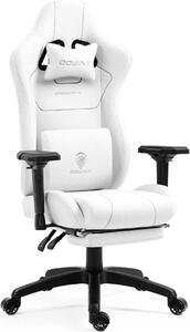 DOWINX 6657B - Scaun Gaming Ergonomic, Masaj in perna lombara, Șezut cu Arcuri Metalice și Spumă, Cotiere 4D, Suport pentru picioare, Rabatabil, Rezistent 136 kg, Material textil, Alb