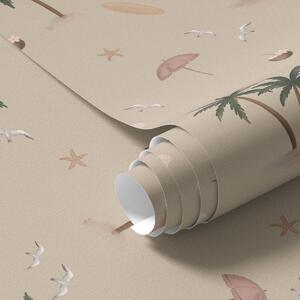 Tapet Palmiere tropicale, păsări și umbrele roz pe un fundal bej, Tapet unic, a01280v2 : Uwalls.ro