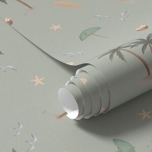 Tapet Palmieri tropicali, păsări și scoici pe un fundal verde salvie, Tapet unic, a01280v1 : Uwalls.ro