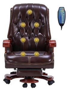 Regal Relax – Scaun directorial din Piele Naturală si Lemn Masiv, Masaj in 7 puncte, Funcție Încălzire, Înclinare 160°, Suport Picioare Extensibil, Sezut cu Arcuri, Telecomandă, Maro Inchis