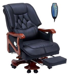 Regal Confort – Scaun directorial din Piele Naturală si Lemn Masiv, Masaj in 7 puncte, Funcție Încălzire, Înclinare 135°, Suport Picioare Extensibil, Sezut cu Arcuri, Telecomandă, Negru