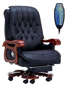 Regal Relax – Scaun directorial din Piele Naturală si Lemn Masiv, Masaj in 7 puncte, Funcție Încălzire, Înclinare 160°, Suport Picioare Extensibil, Sezut cu Arcuri, Telecomandă, Negru