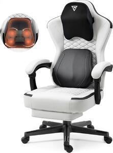 ErgoRelax Pro JD– Scaun Gaming Ergonomic, Masaj Lombar si Incalzire, Spătar Rabatabil 155°, Suport picioare, PU, Alb