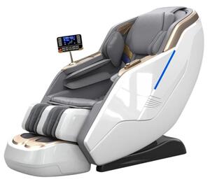 RESIGILAT- Fotoliu de masaj HONORIUS, Incalzire, Bluetooth, Display, Ecran tactil, Controler rapid cotiera, Zero Gravity, 2 Boxe, Moduri Automate, Suport Picioare extensibil, Piele Ecologica Premium, Alb/Gri