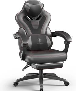 RESIGILAT- DOWINX Scaun gaming, ergonomic, suport lombar cu masaj, Șezut cu Arcuri Metalice și Spumă, Spătar înalt, rabatabil 90°-145°, Buzunar depozitare, Suport picioare, rezistent 150 kg, material PU respirabil, Negru/Gri