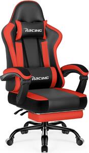 Scaun gaming, Masaj în perna lombară, Suport picioare, Rabatabil 90-165°, piele PU, Negru/Rosu