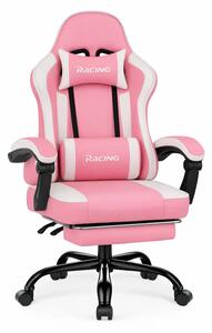 Scaun gaming, Masaj în perna lombară, Suport picioare, Rabatabil 90-165°, piele PU, Roz/Alb