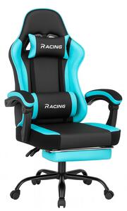 Scaun gaming, Masaj în perna lombară, Suport picioare, Rabatabil 90-165°, piele PU, Negru/Albastru