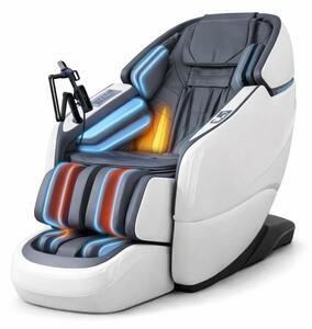 Fotoliu de masaj ZEENA INFINITY PRO, AI voce, Incalzire, Bluetooth, Zero Gravity SL-Track Shiatsu, Joystick și suport pentru telefon, Controler rapid cotiera, 2 Boxe, Moduri Automate, Suport Picioare extensibil, Piele PU Premium, Alb/Gri