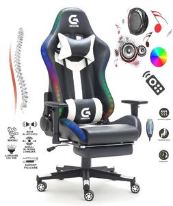 Scaun gaming, Masaj in 7 puncte, sistem iluminare bandă LED RGB, boxe Bluetooth, masaj în perna lombară, sezut benzi elastice sustinere, funcție șezlong, 90-180 grade, suport picioare, Negru/Alb