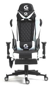RESIGILAT- Scaun gaming, Masaj in 7 puncte, Boxe Bluetooth, funcție șezlong, 90-180 grade, suport picioare, sezut benzi elastice sustinere suplimentara, PU, Negru/Alb
