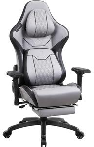 RESIGILAT- DOWINX Scaun gaming, ergonomic, spătar înalt, tetiera confortabilă, suport lombar, cotiere 4D, suport picioare, rezistent 150 kg, piele PU, Gri