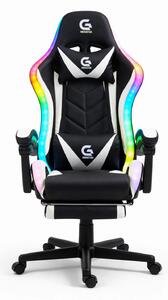 RESIGILAT- Scaun gaming, sistem iluminare bandă LED RGB, masaj în perna lombară, suport picioare, Negru/Alb