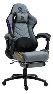 Scaun gaming, Masaj cu Role in perna lombara, Sistem iluminare banda LED RGB, Boxe Bluetooth, funcție șezlong, 90-155 grade, sezut benzi elastice sustinere, suport picioare, Textil, Gri/Negru