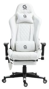 Scaun gaming, Masaj in 7 puncte, Boxe Bluetooth, funcție șezlong, 90-180 grade, suport picioare, sezut benzi elastice sustinere suplimentara, PU, Alb
