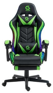 RESIGILAT- Scaun gaming, sistem iluminare bandă LED RGB, masaj în perna lombară, suport picioare, Negru/Verde