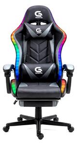 RESIGILAT- Scaun gaming, sistem iluminare bandă LED RGB, masaj în perna lombară, suport picioare, Negru/Gri