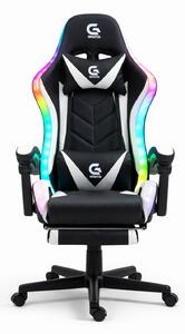 Scaun gaming, sistem iluminare bandă LED RGB, masaj în perna lombară, suport picioare, Negru/Alb
