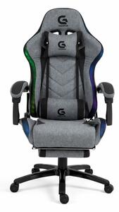 Scaun gaming, Masaj 7 puncte, Sistem iluminare banda LED RGB, Boxe Bluetooth, funcție șezlong, 90-155 grade, suport picioare, Textil, Gri/Negru