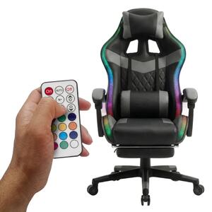 Scaun gaming, sistem iluminare bandă LED RGB, masaj în perna lombară, suport picioare, Negru/Gri