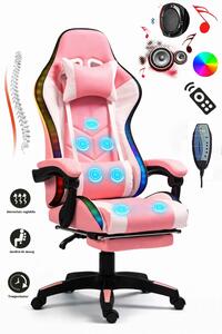 ALFORD Scaun gaming cu Masaj in 5 puncte, Perna lombara cu Masaj, Sistem iluminare banda LED RGB, Boxe Bluetooth, suport picioare, PU, Roz