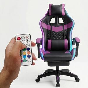 Scaun gaming, sistem iluminare bandă LED RGB, masaj în perna lombară, suport picioare, Negru/Mov