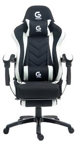 Scaun gaming cu masaj în perna lombară, sezut benzi elastice sustinere, suport picioare, material textil, Negru/Alb