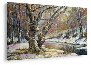 Tablou cu peisaj de iarnă pictat (90x60 cm)